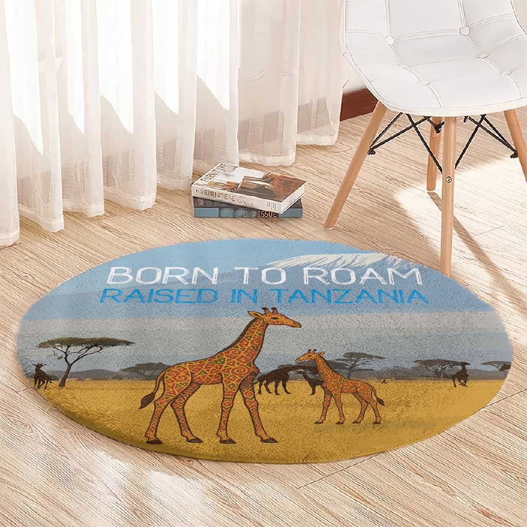 Tanzania Safari Giraffe Round Carpet - Tribal Patterns and Mount Kilimanjaro Scene TS04