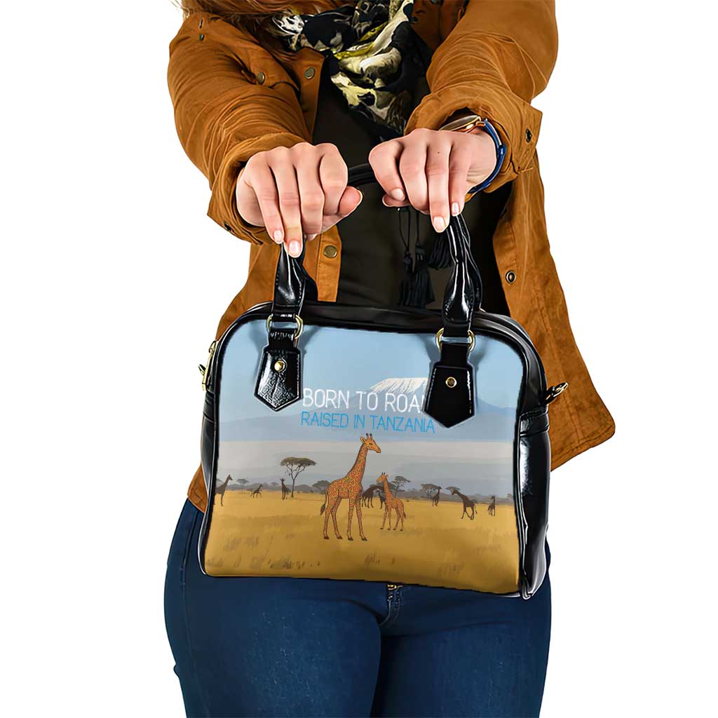Tanzania Safari Giraffe Shoulder Handbag with Tribal Patterns and Mount Kilimanjaro Scene TS04