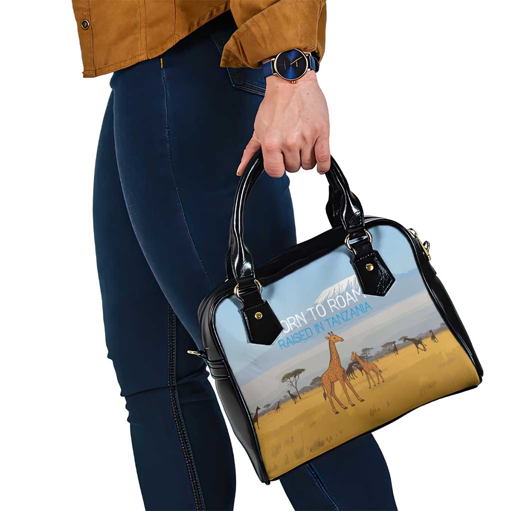 Tanzania Safari Giraffe Shoulder Handbag with Tribal Patterns and Mount Kilimanjaro Scene TS04