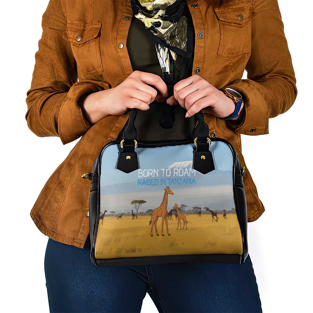 Tanzania Safari Giraffe Shoulder Handbag with Tribal Patterns and Mount Kilimanjaro Scene TS04
