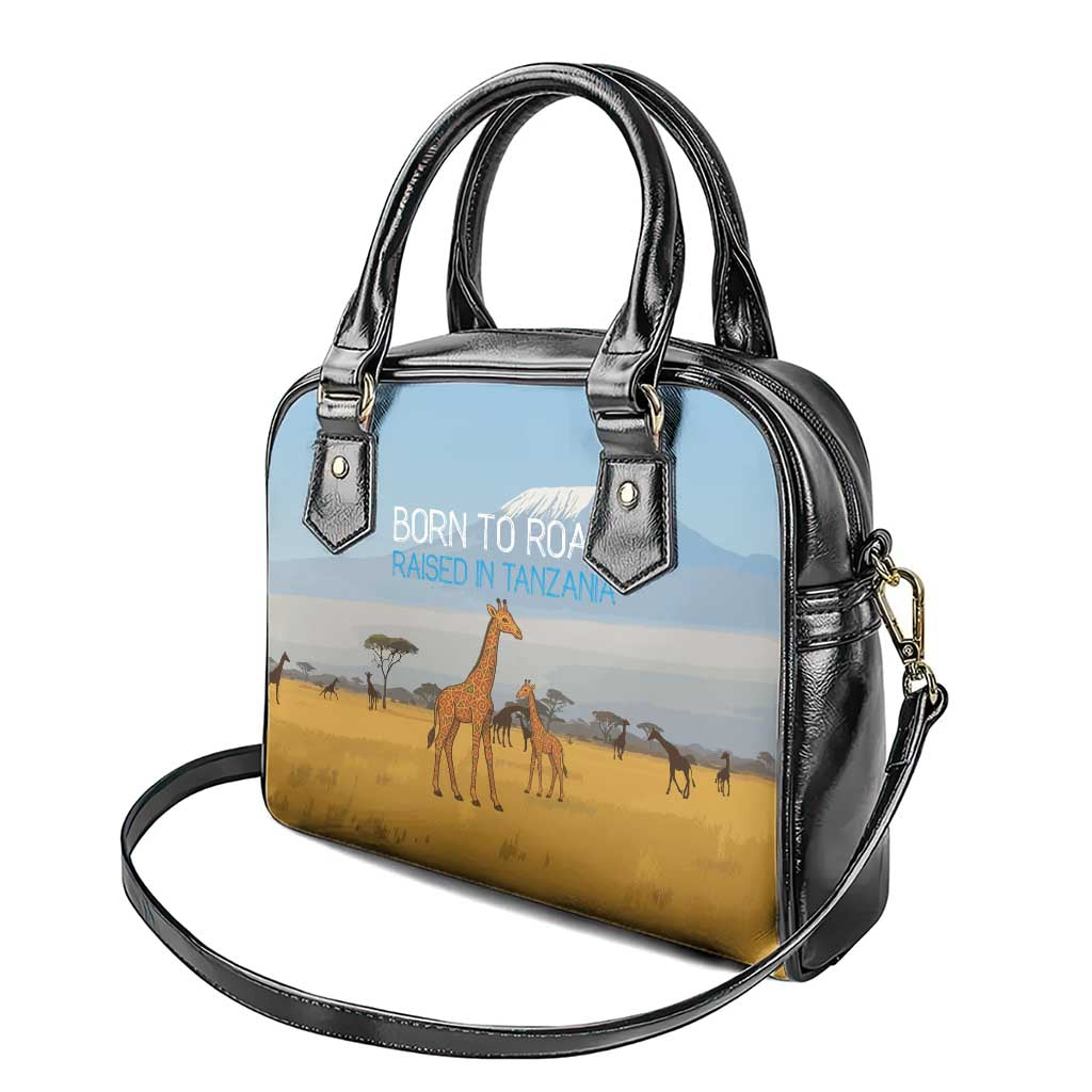 Tanzania Safari Giraffe Shoulder Handbag with Tribal Patterns and Mount Kilimanjaro Scene TS04