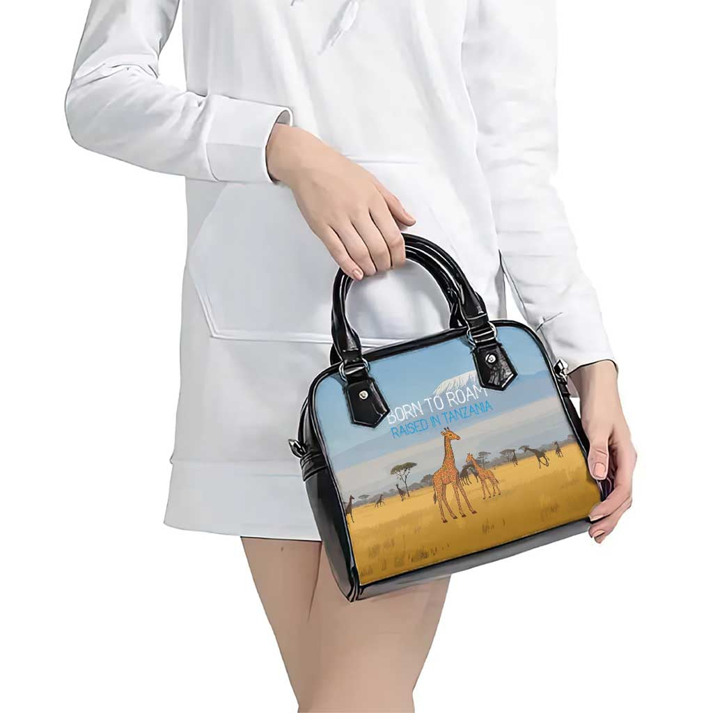 Tanzania Safari Giraffe Shoulder Handbag with Tribal Patterns and Mount Kilimanjaro Scene TS04