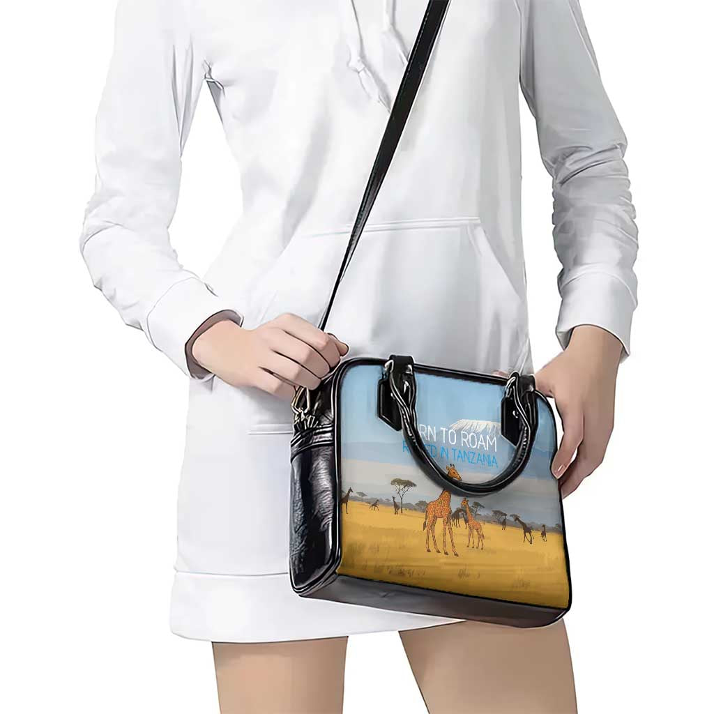 Tanzania Safari Giraffe Shoulder Handbag with Tribal Patterns and Mount Kilimanjaro Scene TS04