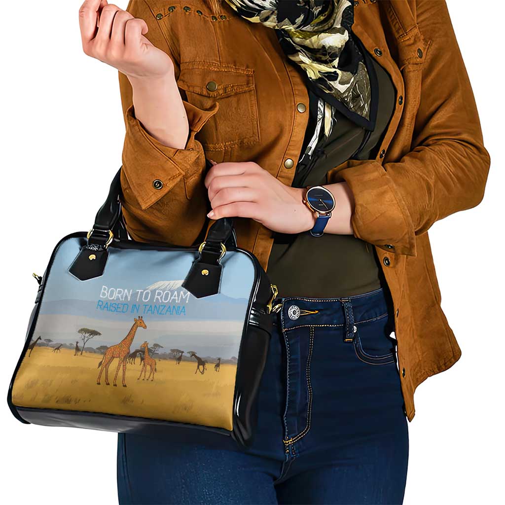Tanzania Safari Giraffe Shoulder Handbag with Tribal Patterns and Mount Kilimanjaro Scene TS04