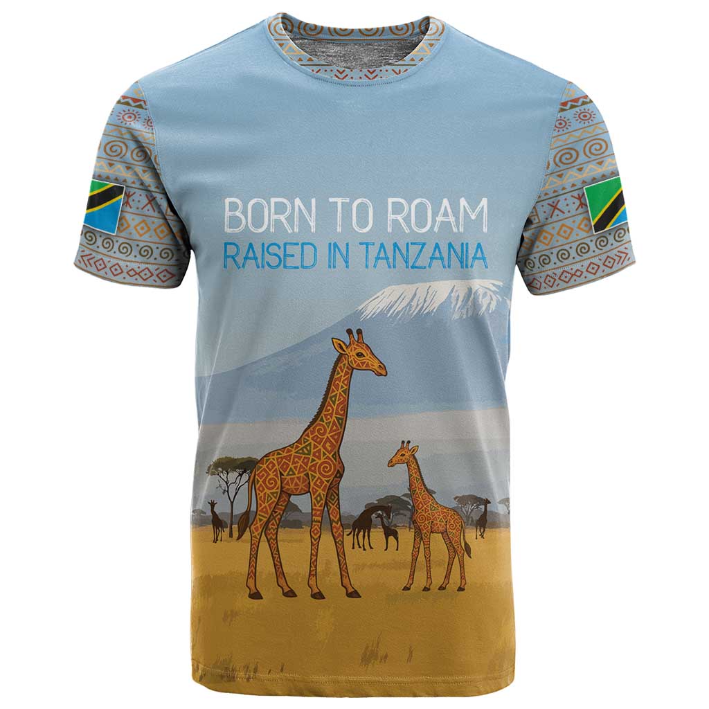 Tanzania Safari Giraffe T shirt - Tribal Patterns and Mount Kilimanjaro Scene TS04