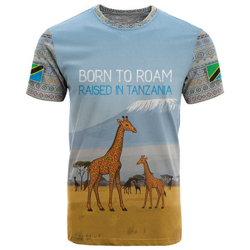 Tanzania Safari Giraffe T shirt - Tribal Patterns and Mount Kilimanjaro Scene TS04
