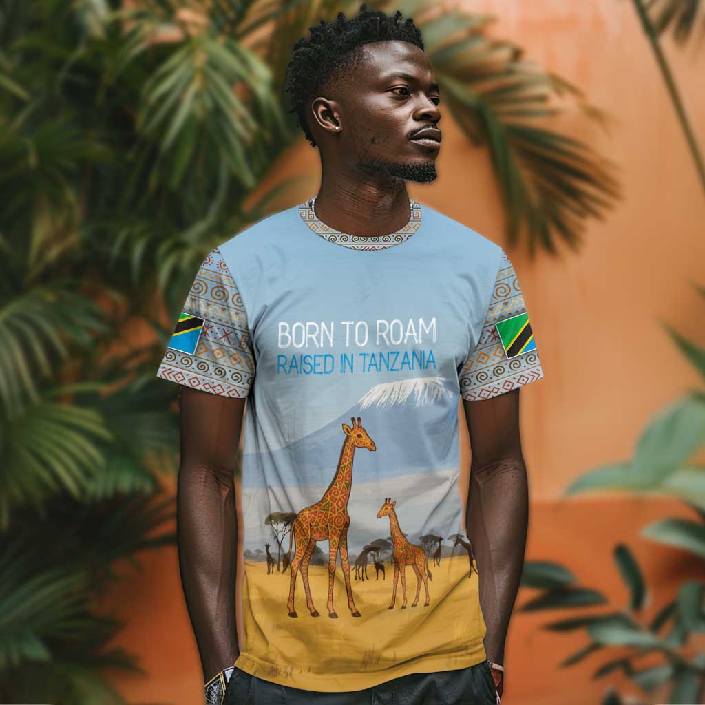 Tanzania Safari Giraffe T shirt - Tribal Patterns and Mount Kilimanjaro Scene TS04
