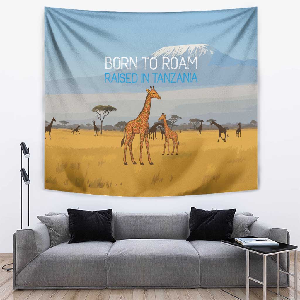Tanzania Safari Giraffe Tapestry - Tribal Patterns and Mount Kilimanjaro Scene TS04