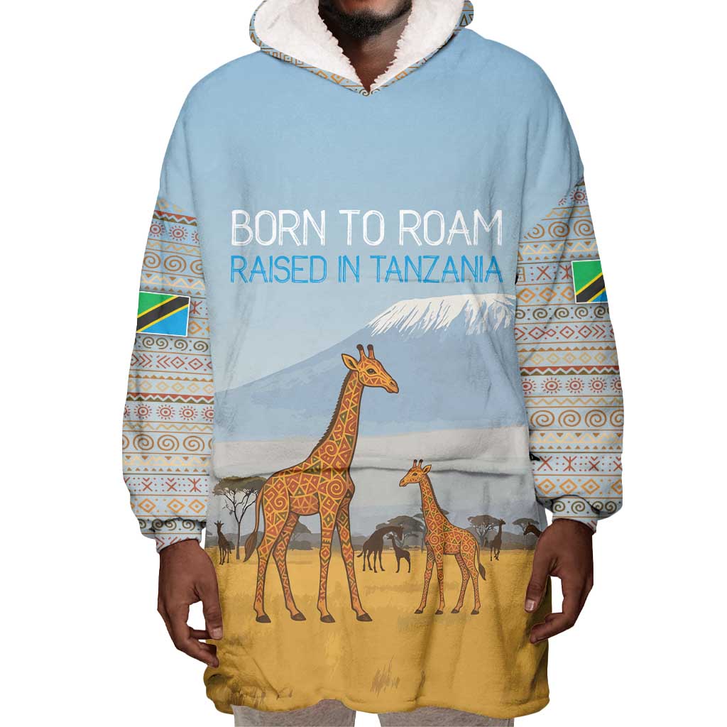 Tanzania Safari Giraffe Wearable Blanket Hoodie - Tribal Patterns and Mount Kilimanjaro Scene TS04