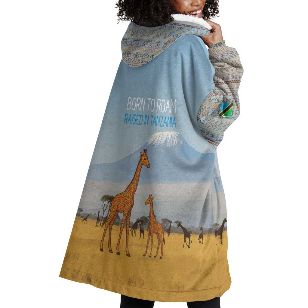 Tanzania Safari Giraffe Wearable Blanket Hoodie - Tribal Patterns and Mount Kilimanjaro Scene TS04
