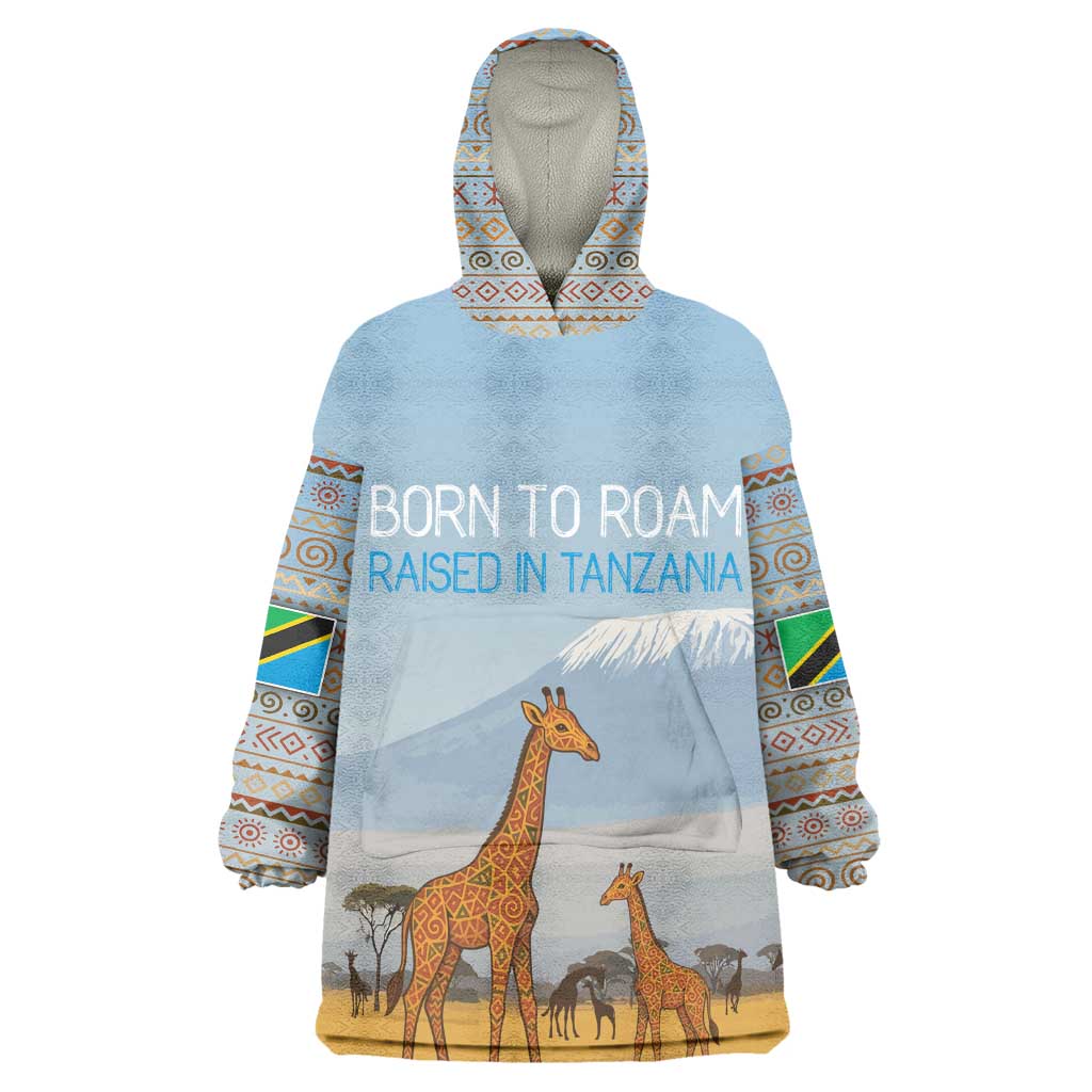 Tanzania Safari Giraffe Wearable Blanket Hoodie - Tribal Patterns and Mount Kilimanjaro Scene TS04