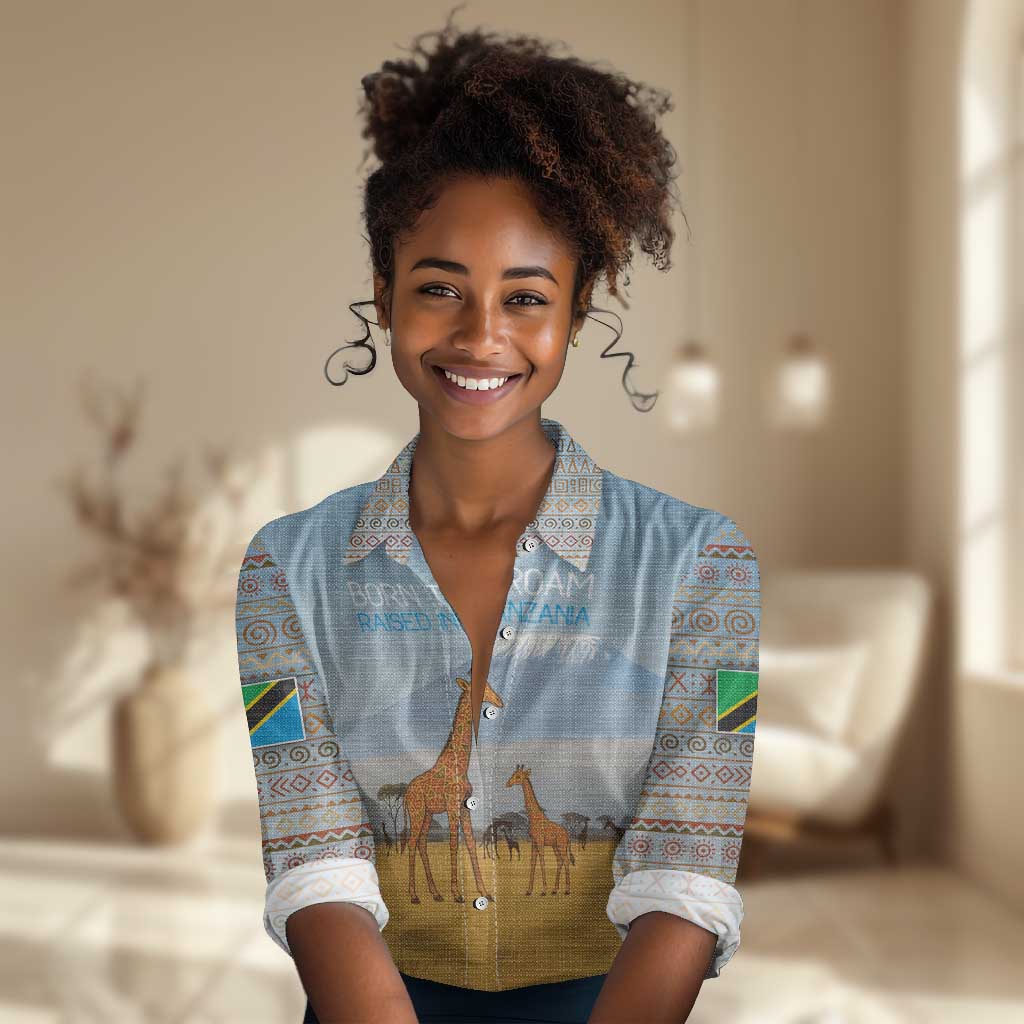 Tanzania Safari Giraffe Women Casual Shirt - Tribal Patterns and Mount Kilimanjaro Scene TS04