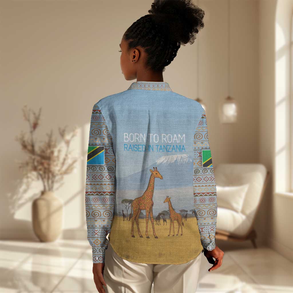 Tanzania Safari Giraffe Women Casual Shirt - Tribal Patterns and Mount Kilimanjaro Scene TS04
