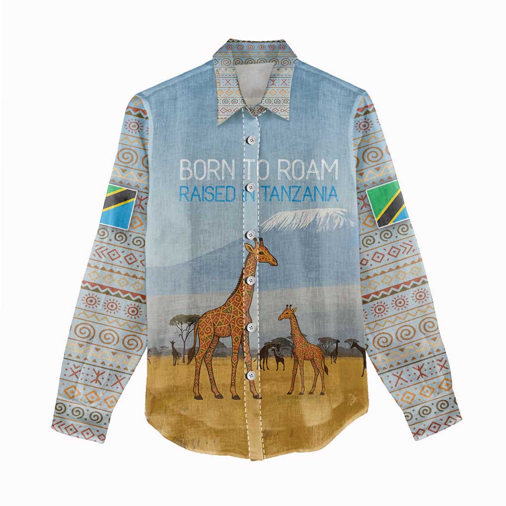 Tanzania Safari Giraffe Women Casual Shirt - Tribal Patterns and Mount Kilimanjaro Scene TS04