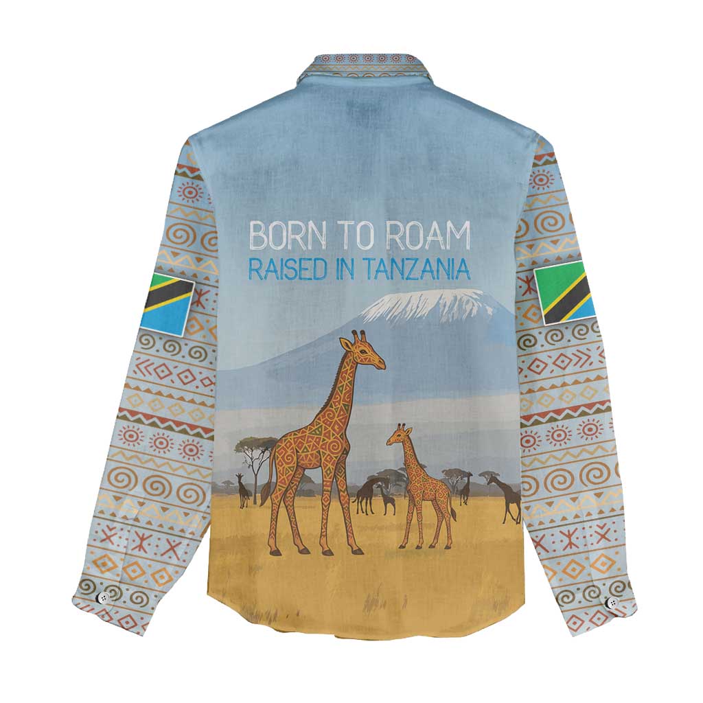 Tanzania Safari Giraffe Women Casual Shirt - Tribal Patterns and Mount Kilimanjaro Scene TS04