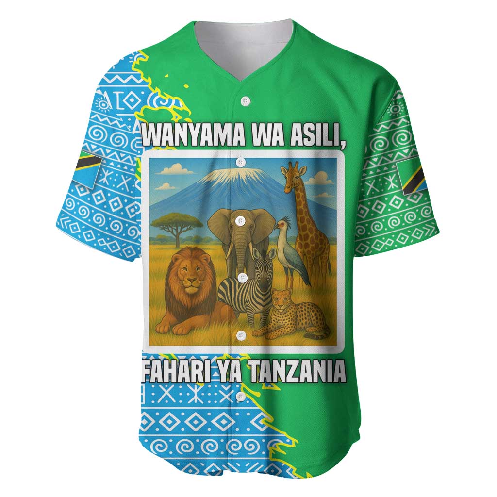 Tanzania Wildlife Baseball Jersey - Tribal Print and Mount Kilimanjaro Safari Scene TS04