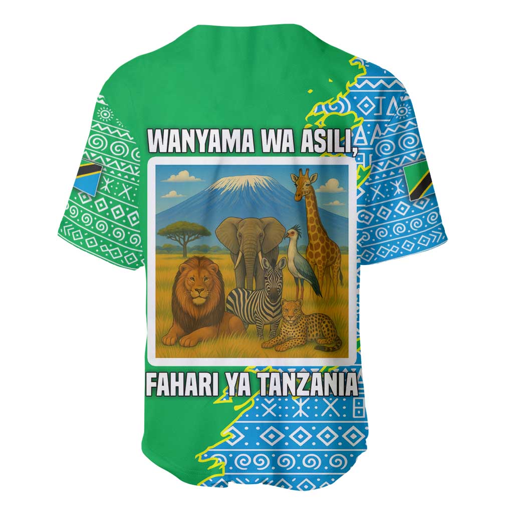 Tanzania Wildlife Baseball Jersey - Tribal Print and Mount Kilimanjaro Safari Scene TS04