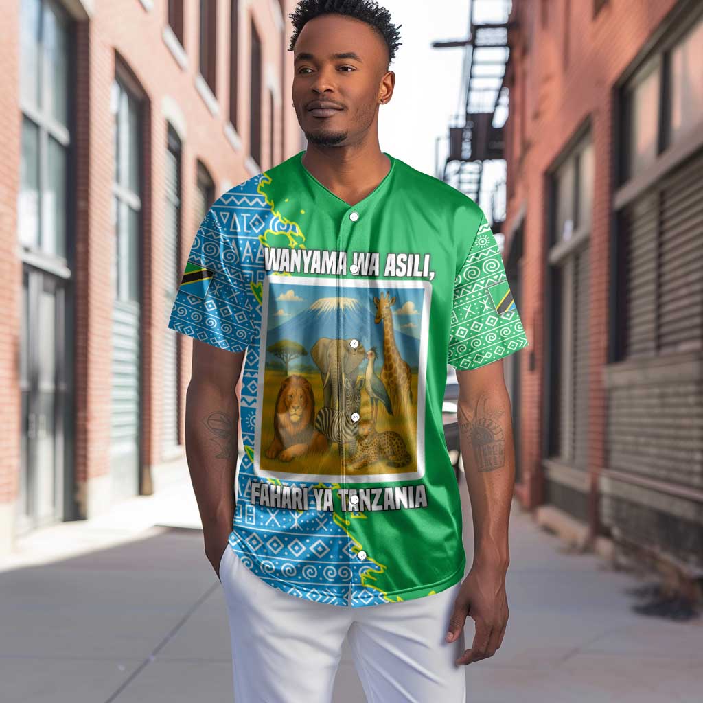 Tanzania Wildlife Baseball Jersey - Tribal Print and Mount Kilimanjaro Safari Scene TS04