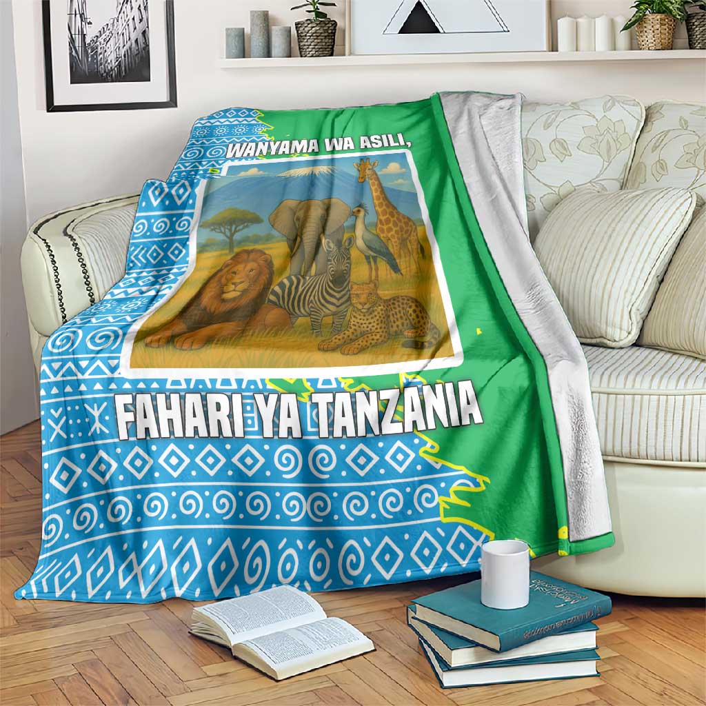 Tanzania Wildlife Blanket - Tribal Print and Mount Kilimanjaro Safari Scene TS04
