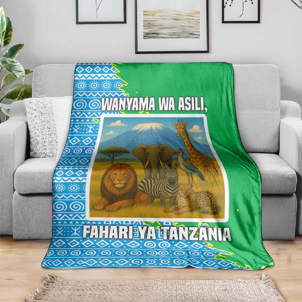 Tanzania Wildlife Blanket - Tribal Print and Mount Kilimanjaro Safari Scene TS04