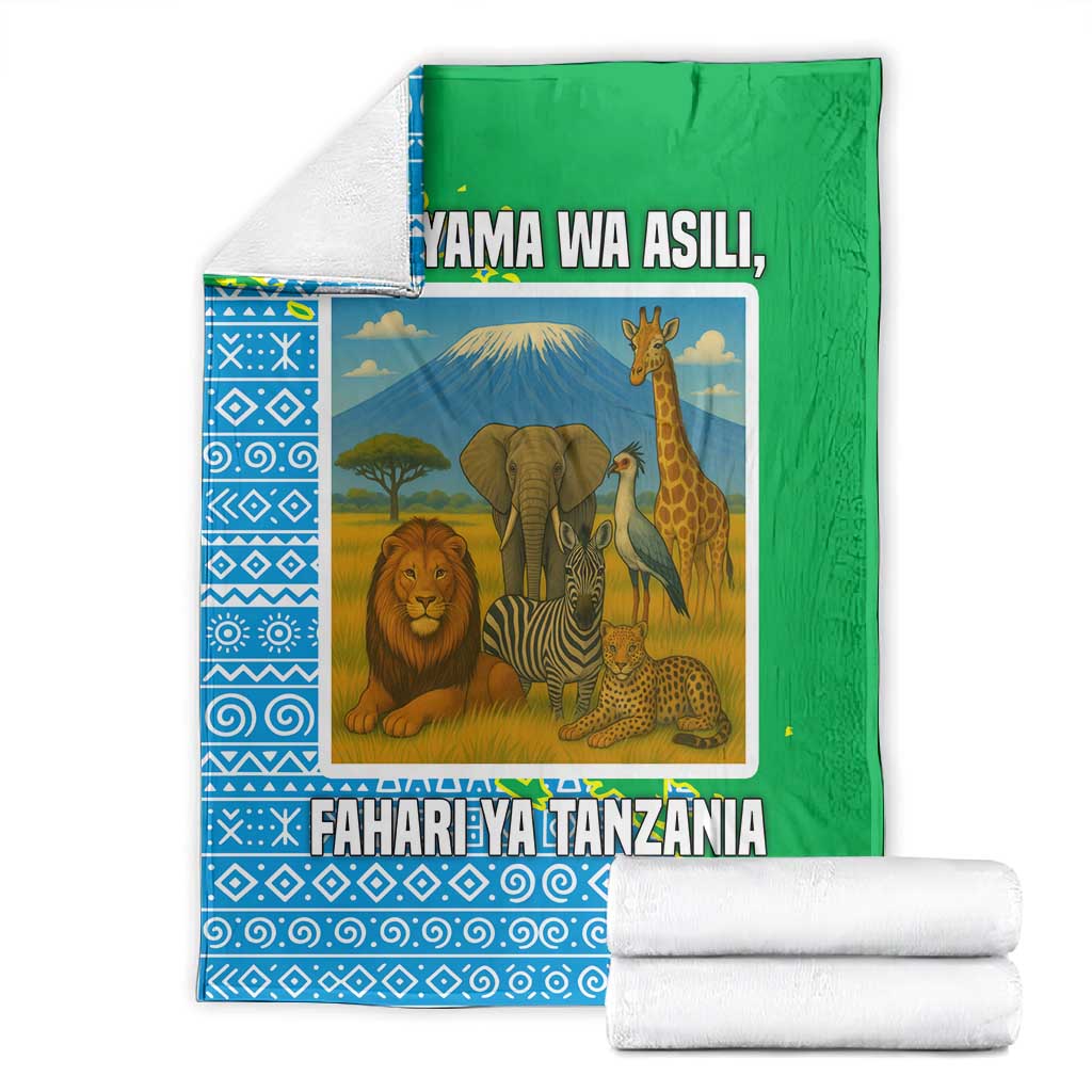 Tanzania Wildlife Blanket - Tribal Print and Mount Kilimanjaro Safari Scene TS04