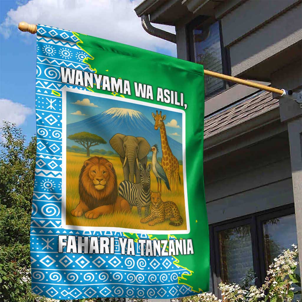 Tanzania Wildlife Garden Flag - Tribal Print and Mount Kilimanjaro Safari Scene TS04