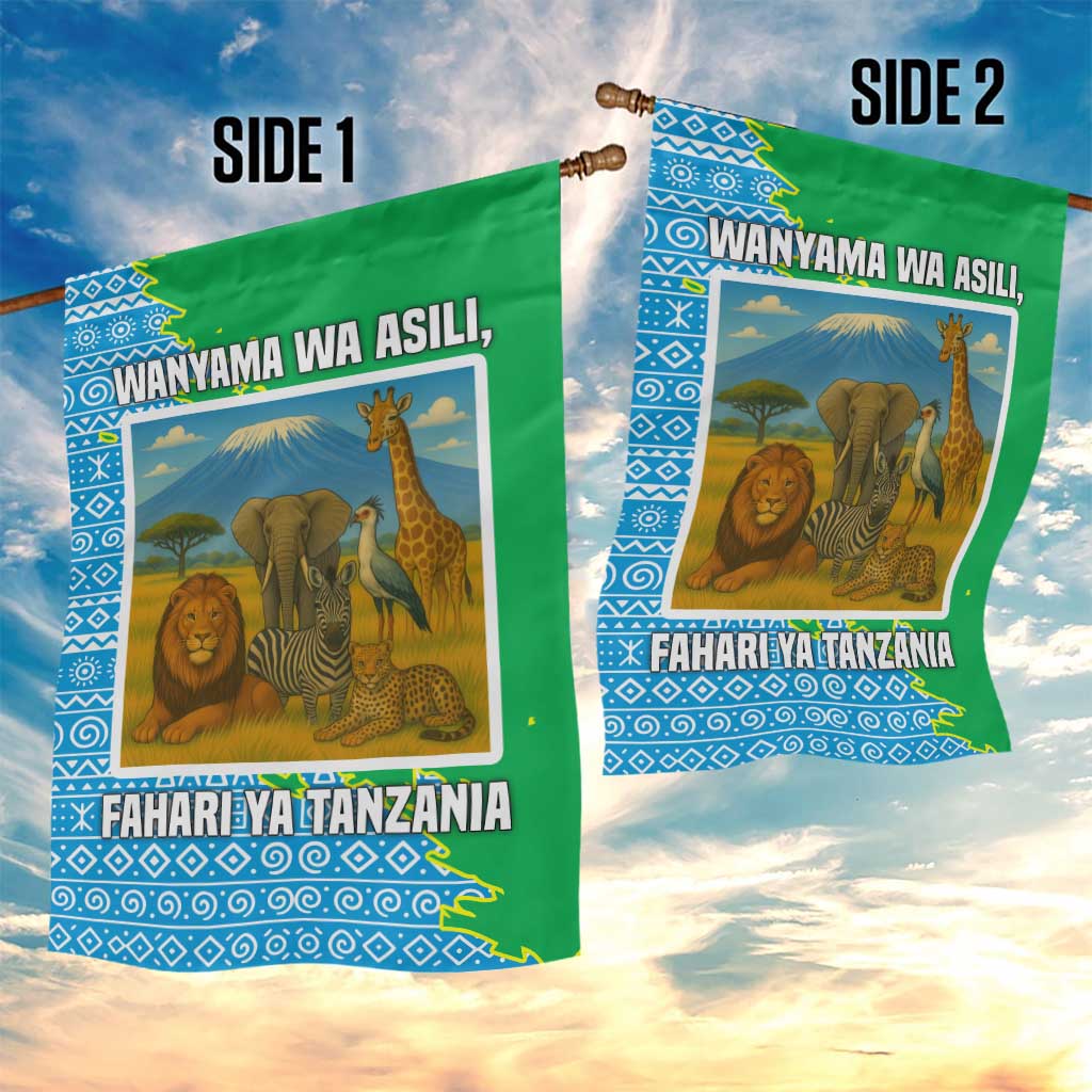 Tanzania Wildlife Garden Flag - Tribal Print and Mount Kilimanjaro Safari Scene TS04