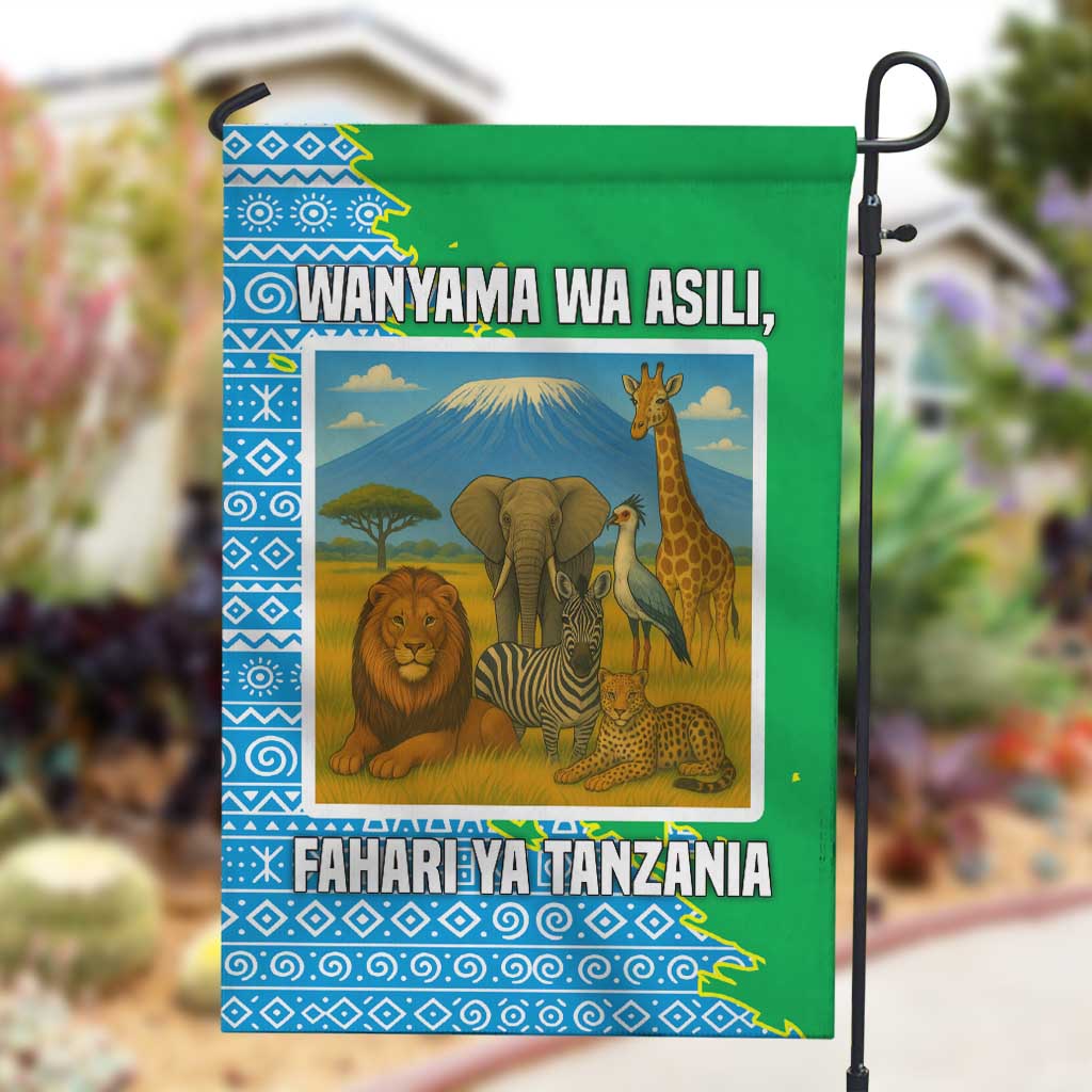 Tanzania Wildlife Garden Flag - Tribal Print and Mount Kilimanjaro Safari Scene TS04