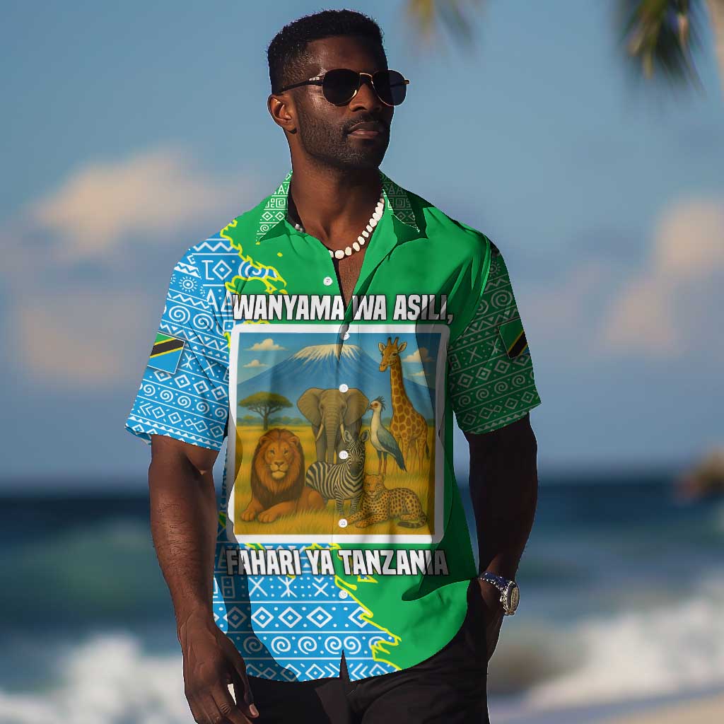 Tanzania Wildlife Hawaiian Shirt - Tribal Print and Mount Kilimanjaro Safari Scene TS04