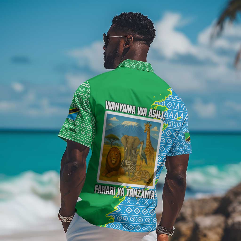Tanzania Wildlife Hawaiian Shirt - Tribal Print and Mount Kilimanjaro Safari Scene TS04