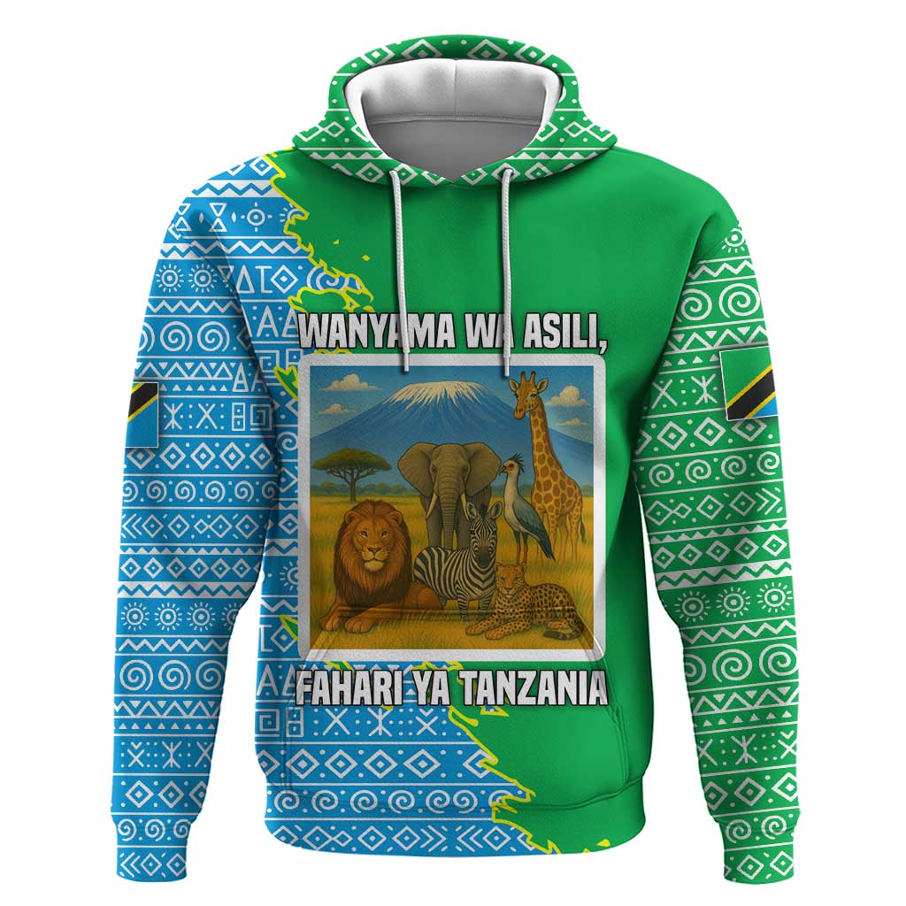 Tanzania Wildlife Hoodie with Tribal Print and Mount Kilimanjaro Safari Scene TS04