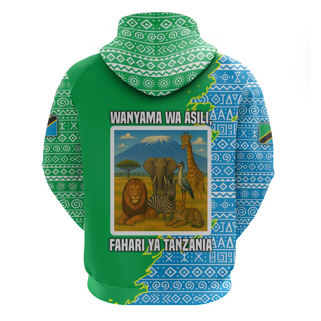 Tanzania Wildlife Hoodie with Tribal Print and Mount Kilimanjaro Safari Scene TS04