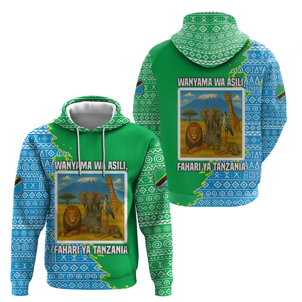 Tanzania Wildlife Hoodie with Tribal Print and Mount Kilimanjaro Safari Scene TS04