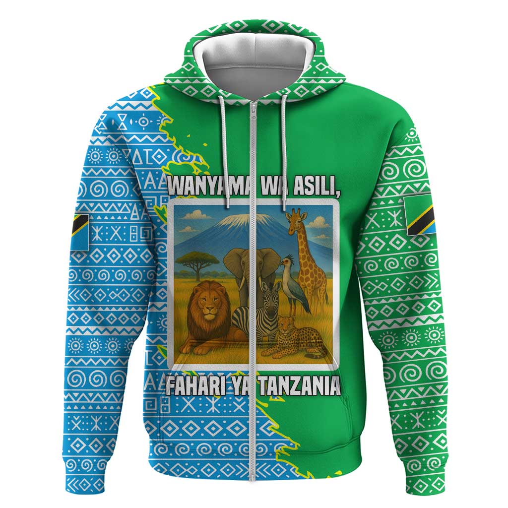 Tanzania Wildlife Hoodie with Tribal Print and Mount Kilimanjaro Safari Scene TS04
