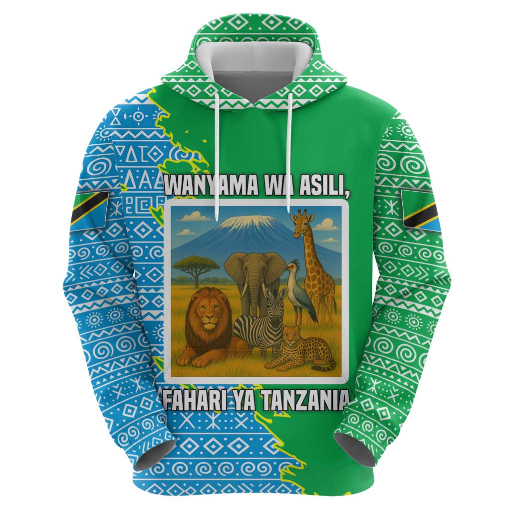 Tanzania Wildlife Hoodie with Tribal Print and Mount Kilimanjaro Safari Scene TS04