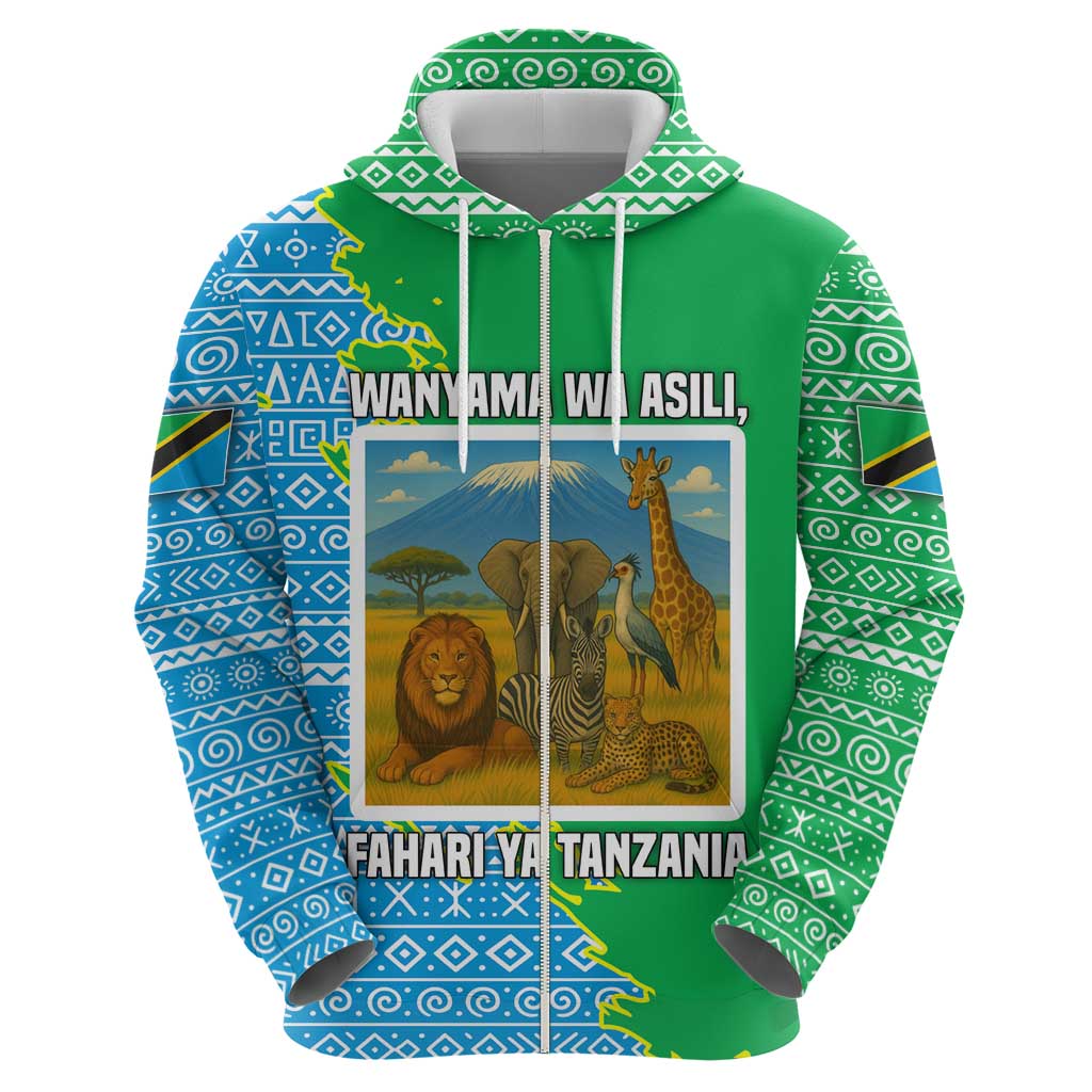 Tanzania Wildlife Hoodie with Tribal Print and Mount Kilimanjaro Safari Scene TS04