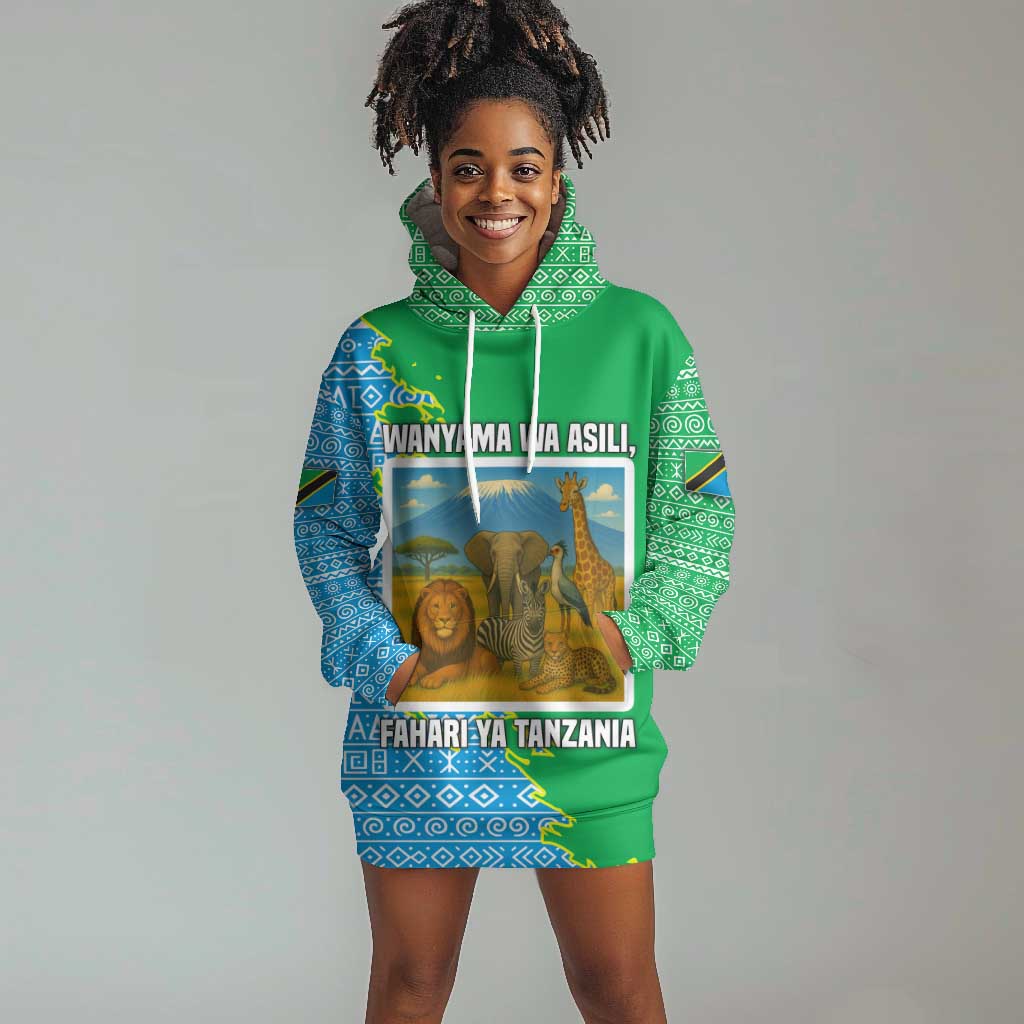 Tanzania Wildlife Hoodie Dress - Tribal Print and Mount Kilimanjaro Safari Scene TS04