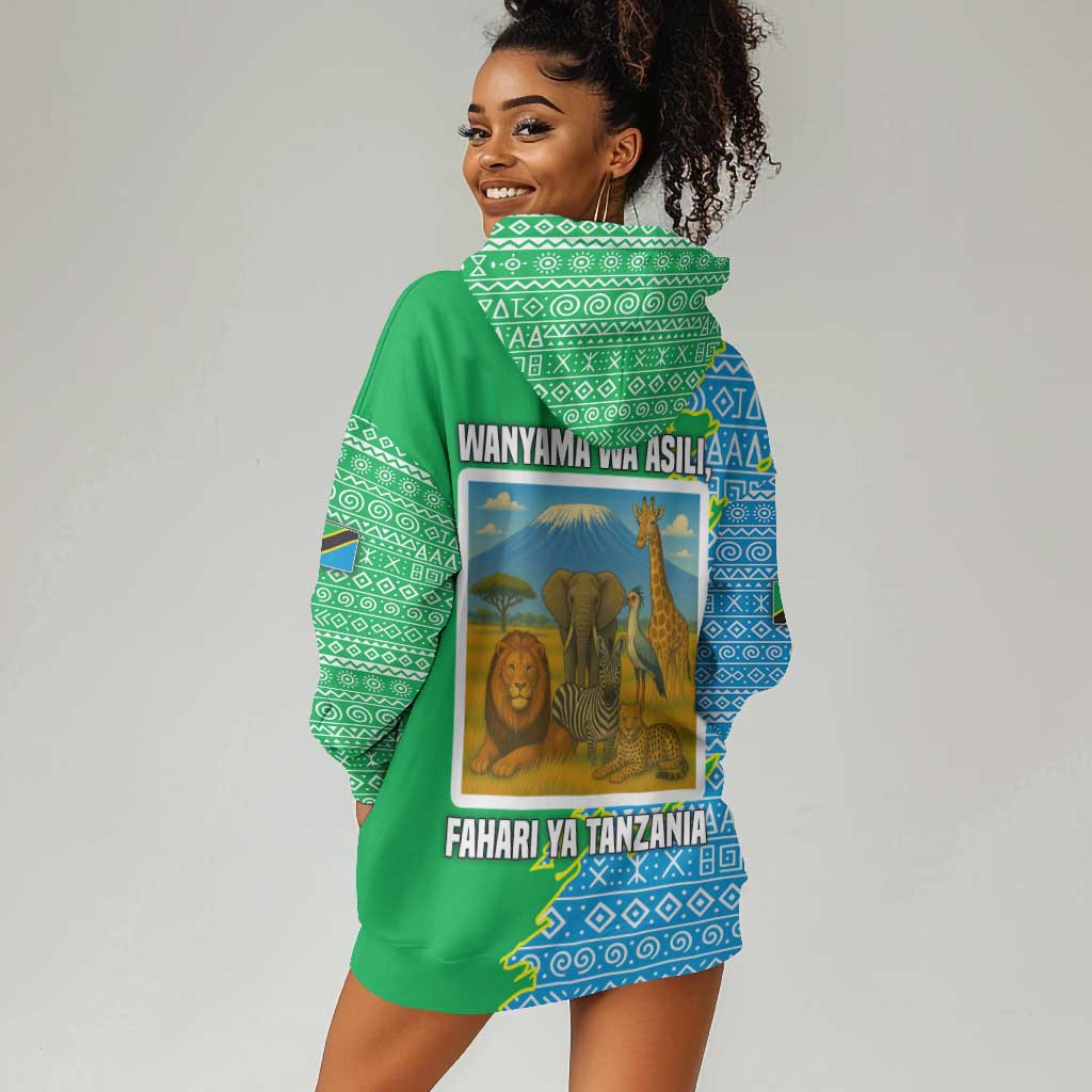 Tanzania Wildlife Hoodie Dress - Tribal Print and Mount Kilimanjaro Safari Scene TS04