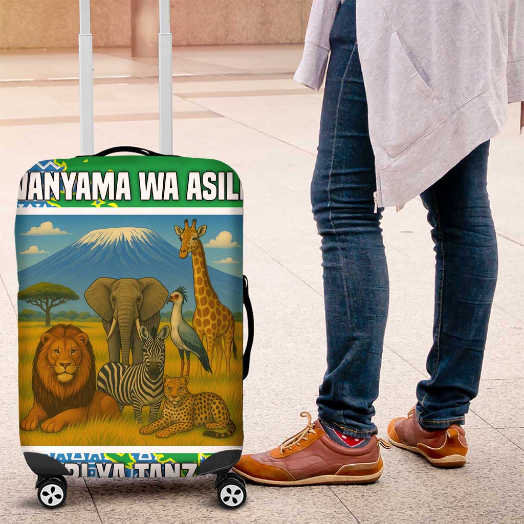 Tanzania Wildlife Luggage Cover with Tribal Print and Mount Kilimanjaro Safari Scene TS04