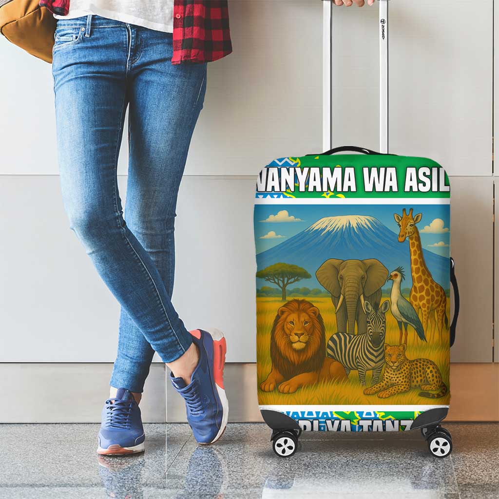 Tanzania Wildlife Luggage Cover with Tribal Print and Mount Kilimanjaro Safari Scene TS04
