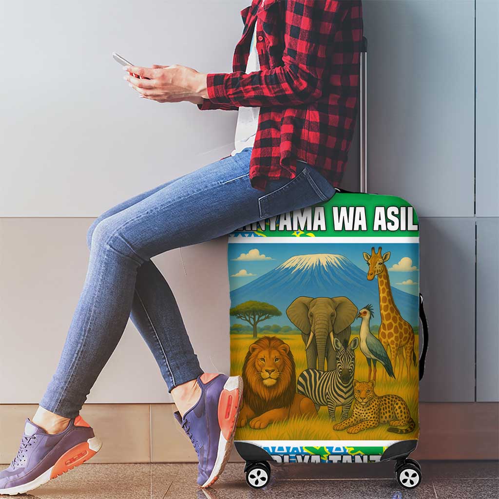 Tanzania Wildlife Luggage Cover with Tribal Print and Mount Kilimanjaro Safari Scene TS04