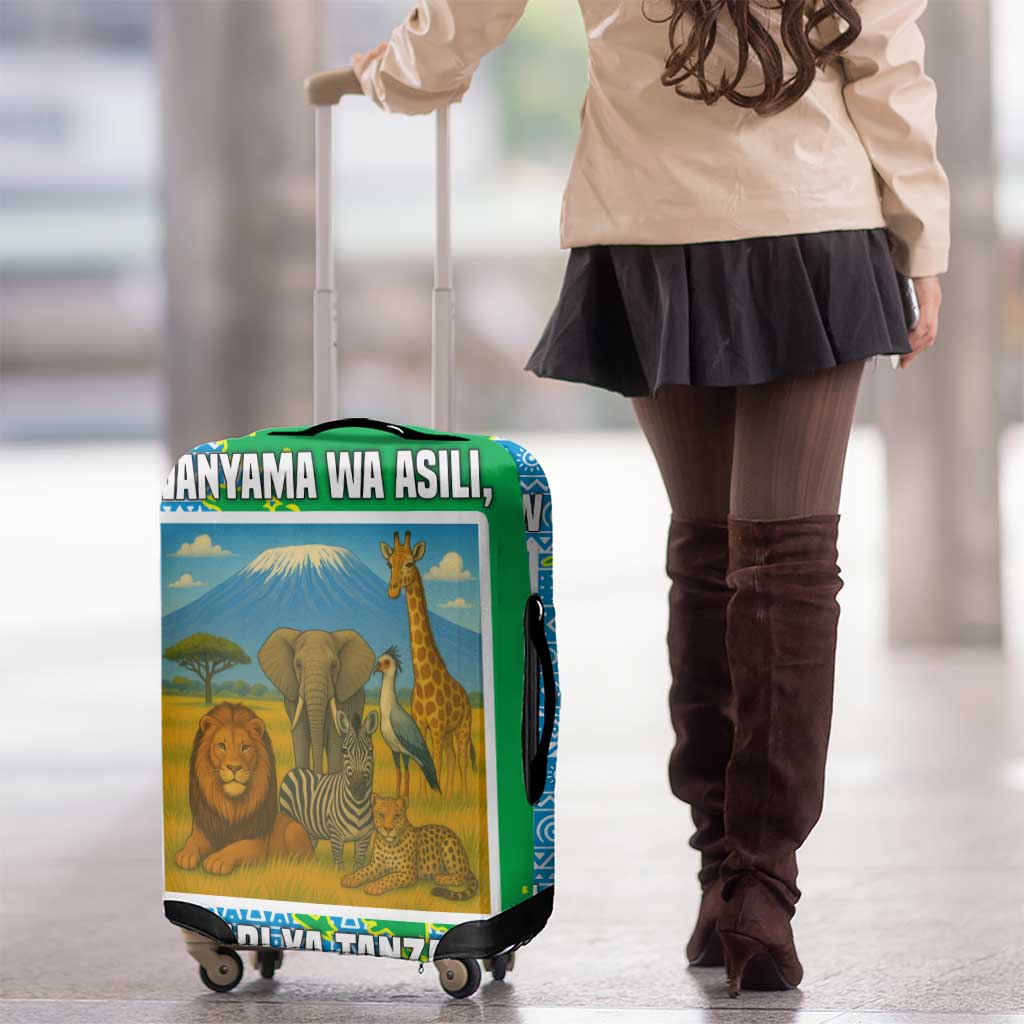 Tanzania Wildlife Luggage Cover with Tribal Print and Mount Kilimanjaro Safari Scene TS04
