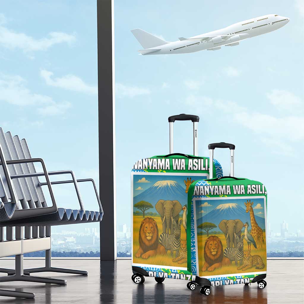 Tanzania Wildlife Luggage Cover with Tribal Print and Mount Kilimanjaro Safari Scene TS04
