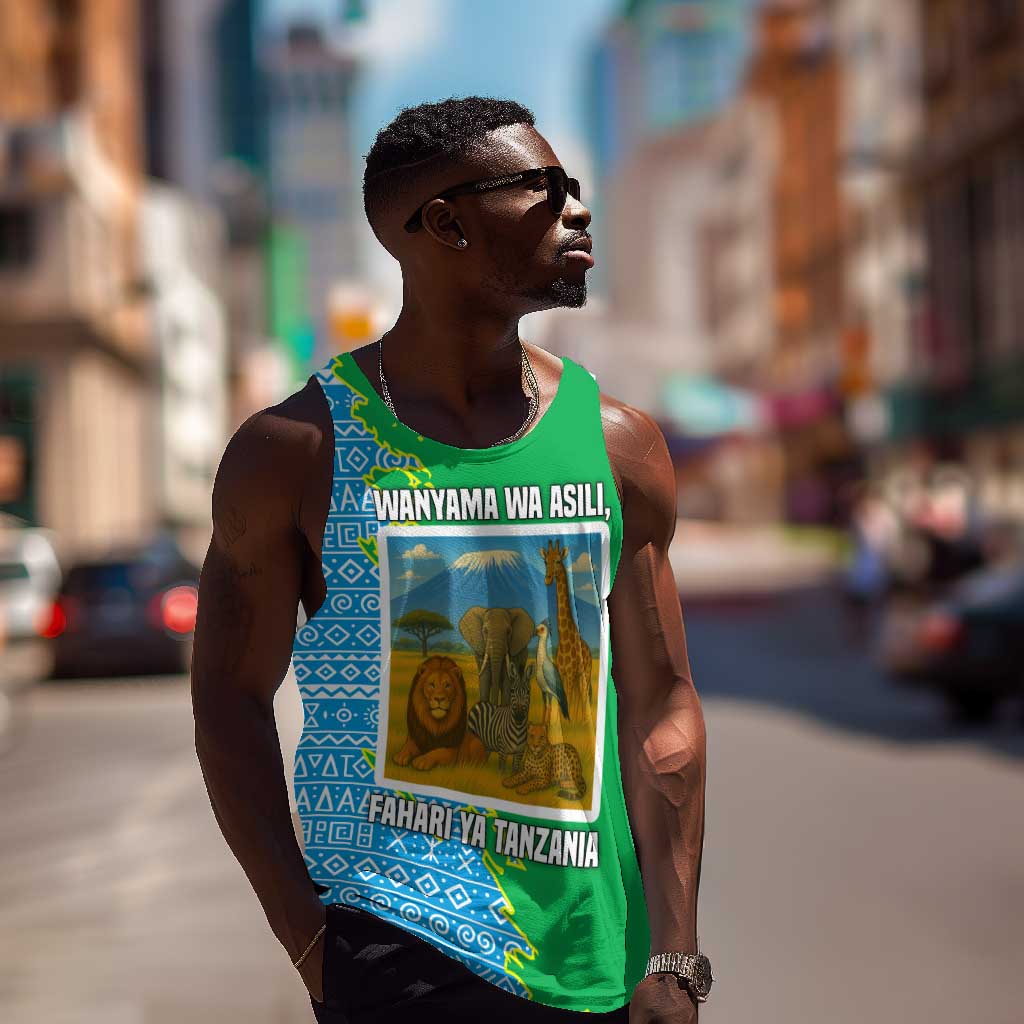 Tanzania Wildlife Men Tank Top - Tribal Print and Mount Kilimanjaro Safari Scene TS04