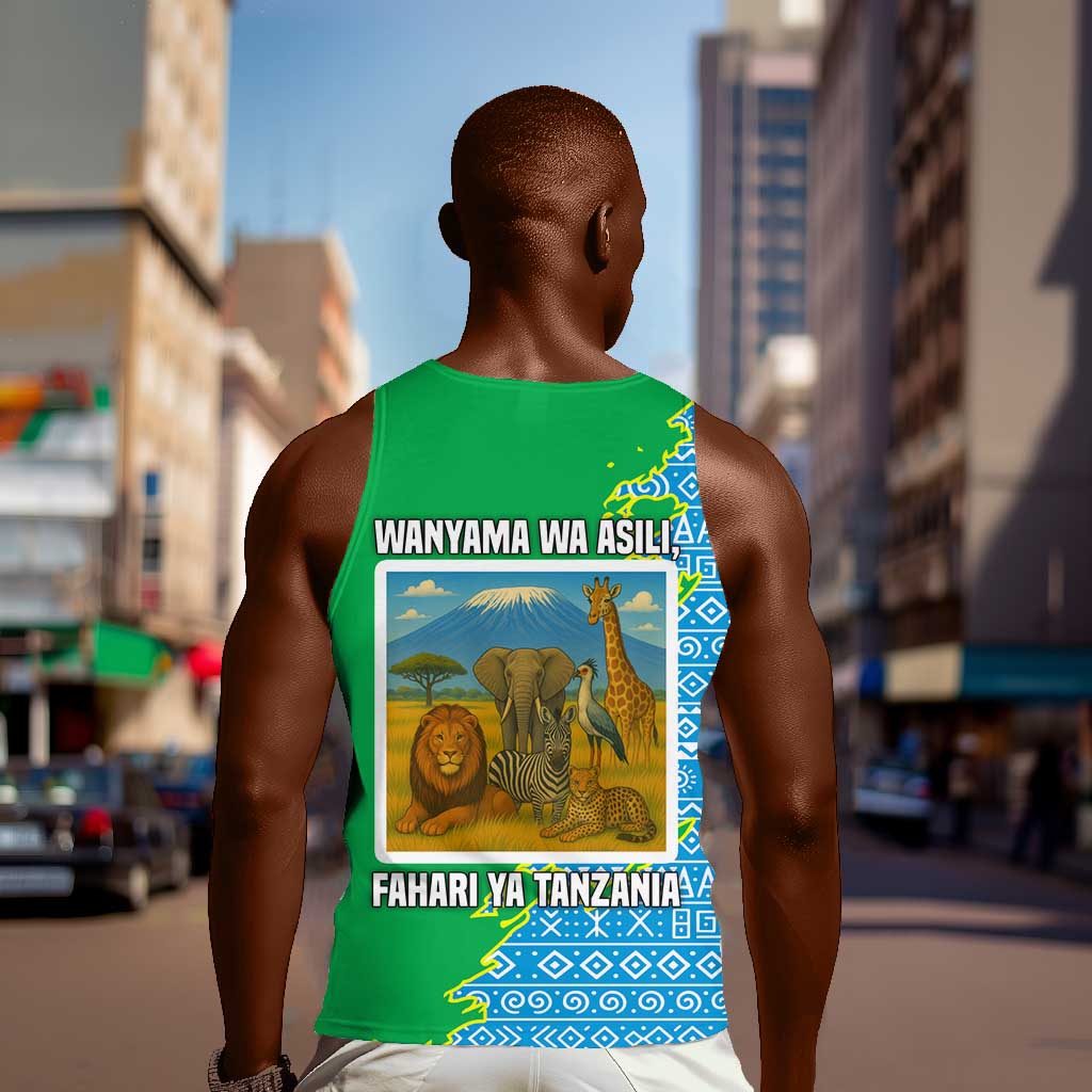 Tanzania Wildlife Men Tank Top - Tribal Print and Mount Kilimanjaro Safari Scene TS04