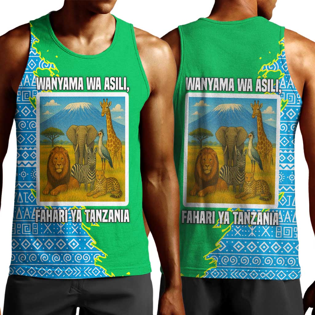 Tanzania Wildlife Men Tank Top - Tribal Print and Mount Kilimanjaro Safari Scene TS04
