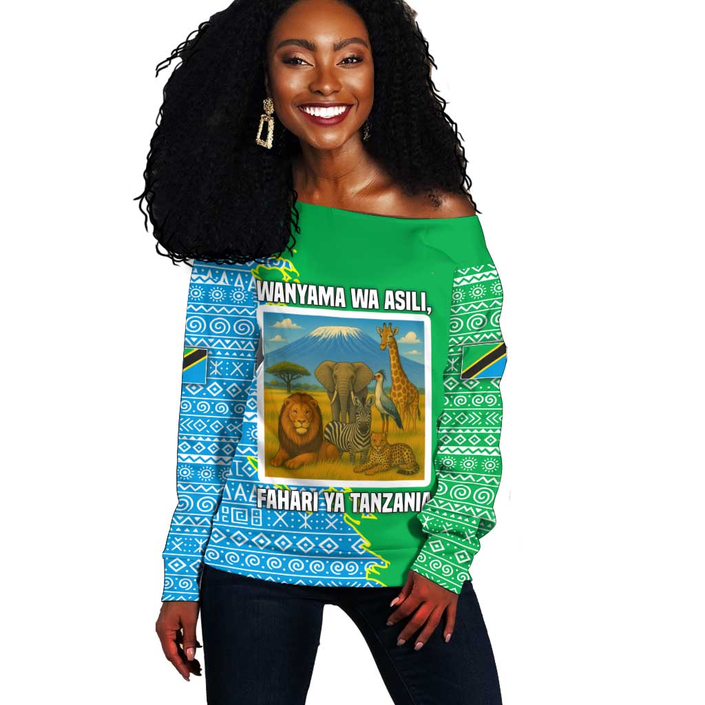 Tanzania Wildlife Off Shoulder Sweater - Tribal Print and Mount Kilimanjaro Safari Scene TS04