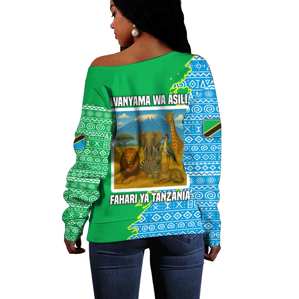 Tanzania Wildlife Off Shoulder Sweater - Tribal Print and Mount Kilimanjaro Safari Scene TS04