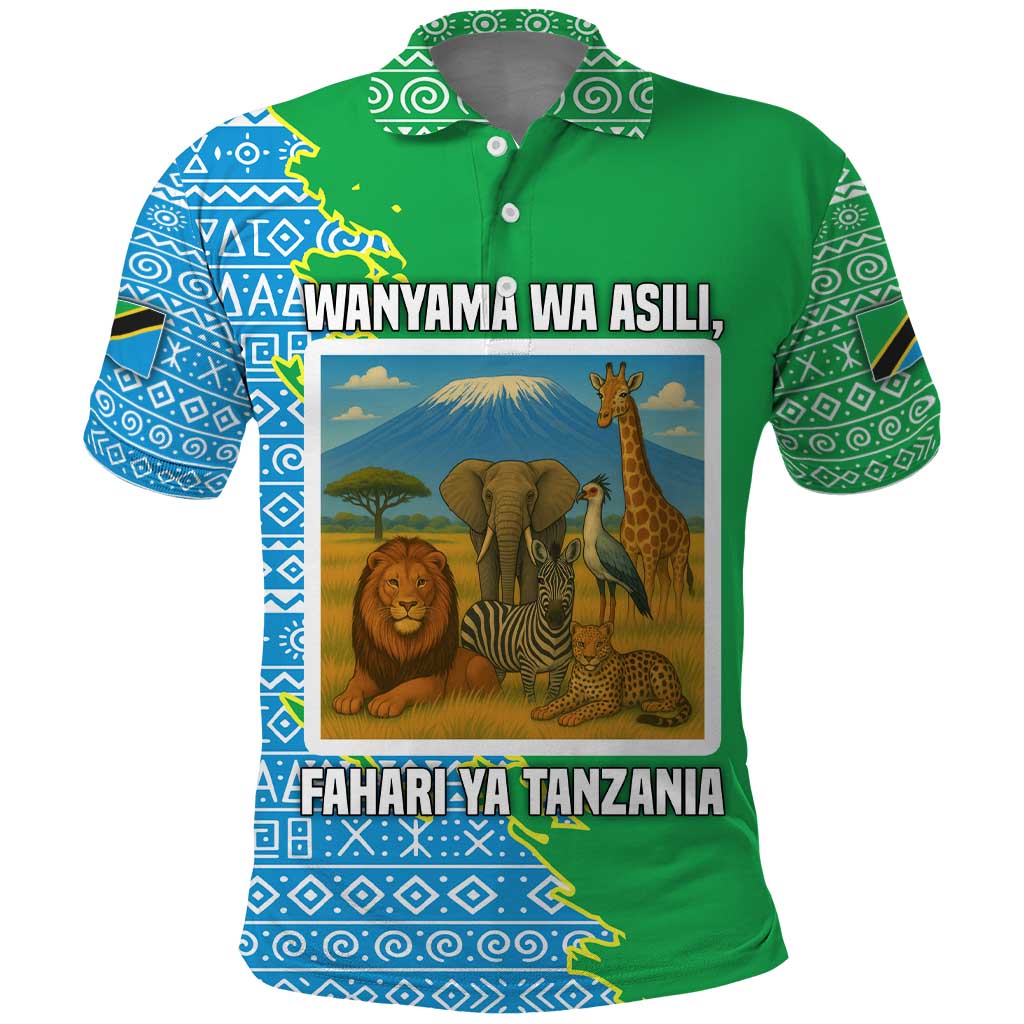 Tanzania Wildlife Polo Shirt with Tribal Print and Mount Kilimanjaro Safari Scene TS04