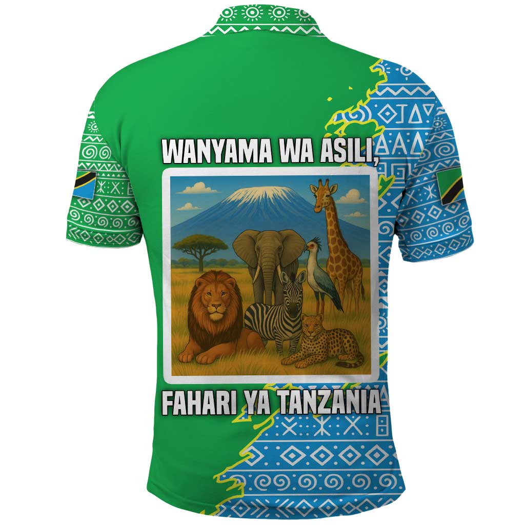Tanzania Wildlife Polo Shirt with Tribal Print and Mount Kilimanjaro Safari Scene TS04